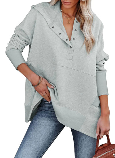 AlvaQ Women Casual Button V Neck Hoodies Oversized Pullover Sweatshirt Hooded Tops with Pockets Light Gray XX-Large