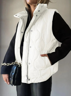 Cropped Puffer Vest Women Lightweight Quilted Stand Collar Sleeveless Jackets Button Zip Up Warm Coat Outerwear X-Large White