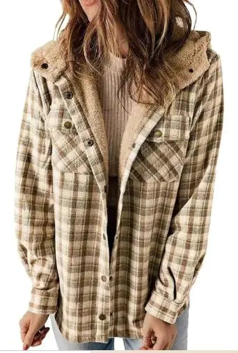 Casual Plaid Hooded Woolen Coat Thickened Fleece