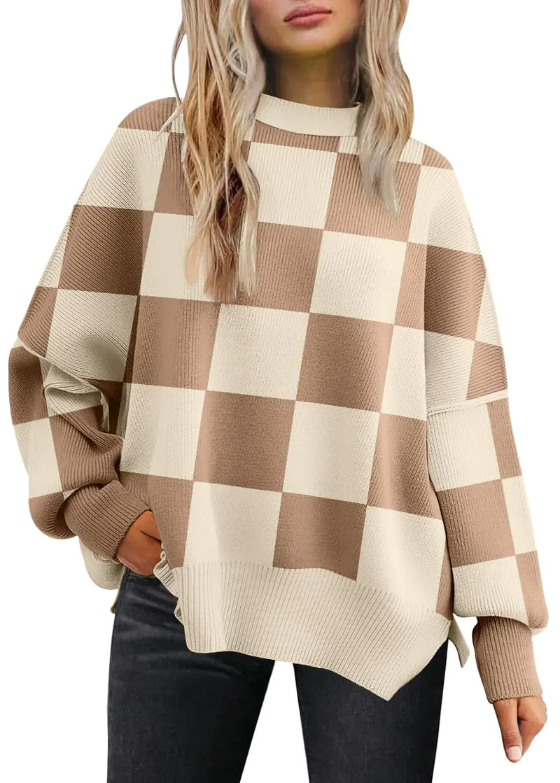 EFAN Women's Oversized Sweaters 2024 Fall Crewneck Batwing Sleeve Pullover Sweaters Small Khaki Plaid