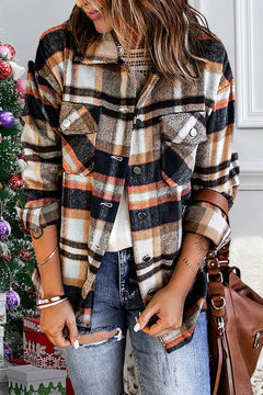 Geometric Plaid Print Pocketed Shirt