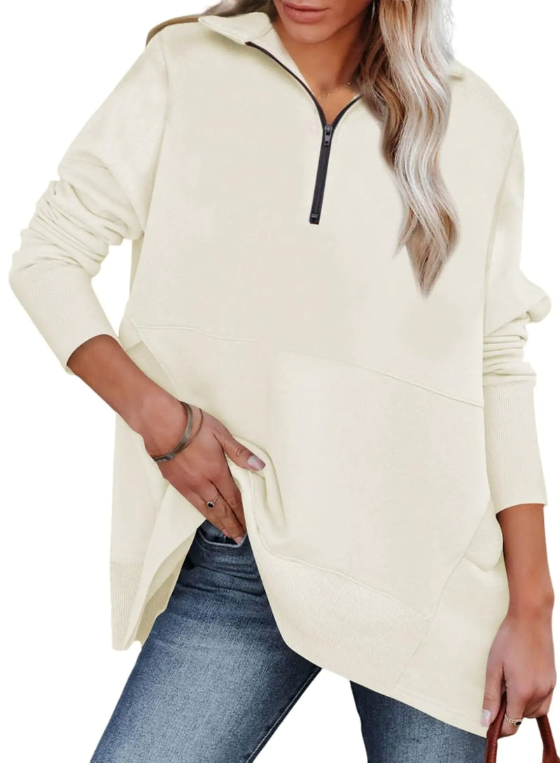 Dokotoo Women's Casual Oversized Half Zip Sweatshirts Long Sleeve Solid Color Pullover Jackets with Pockets Medium Beige