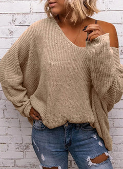 BZB Women's V Neck Long Sleeve Knit Loose Oversized Pullover Sweater Top Medium X-khaki