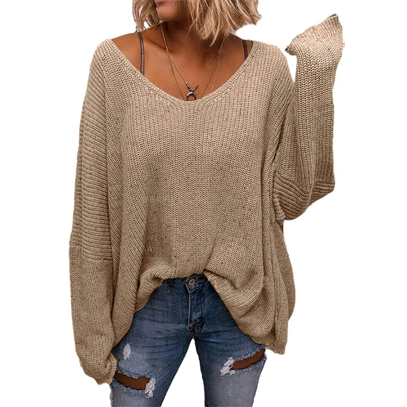 BZB Women's V Neck Long Sleeve Knit Loose Oversized Pullover Sweater Top Medium X-khaki