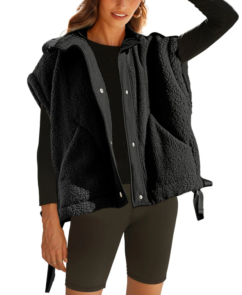 OPCAKM Women's Fuzzy Fleece Vest Oversized Sleeveless Sherpa Jacket Warm Button Down Gilet Outerwear with Pockets Small Black