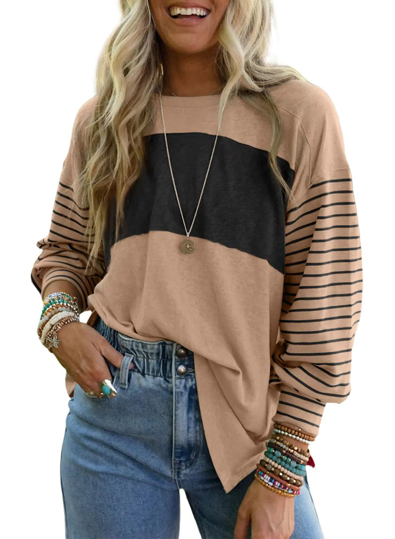 Dokotoo Long Sleeve Fall Tops Oversized 2024 Trendy Round Crew Neck Casual Color Block Womens Shirts Blouses Smoke Gray XX-Large