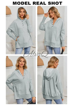 AlvaQ Women Casual Button V Neck Hoodies Oversized Pullover Sweatshirt Hooded Tops with Pockets Light Gray XX-Large